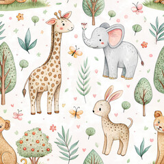 Naklejka premium Adorable seamless watercolor pattern with baby giraffes, elephants, and bunnies in soft pastel hues, perfect for children’s products and nursery decor 