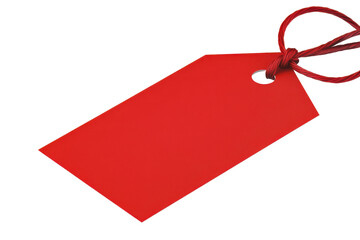 Bright red rectangular tag with string isolated on transparent background. Vibrant red tag featuring a smooth surface isolated on white background.