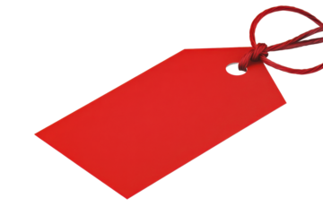 Bright red rectangular tag with string isolated on transparent background. Vibrant red tag featuring a smooth surface isolated on white background.