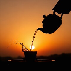 Sunset tea pour silhouette with splashing water