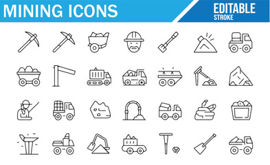Mining and excavation equipment icons for industrial, construction, and mining themes.
