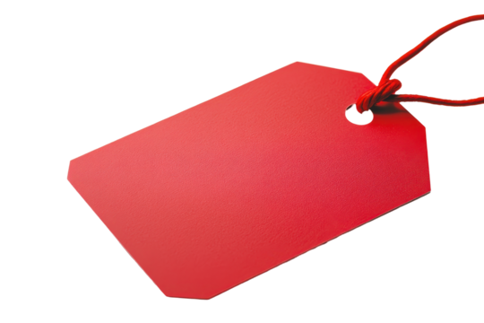 Bright red rectangular tag with string isolated on transparent background. Vibrant red tag featuring a smooth surface isolated on white background.