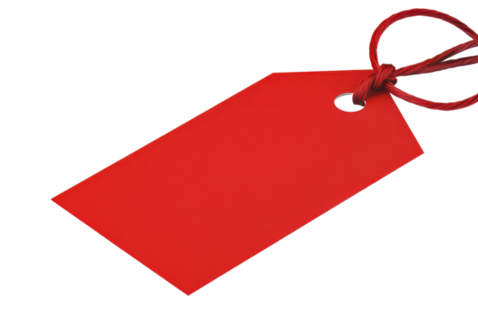 Bright red rectangular tag with string isolated on transparent background. Vibrant red tag featuring a smooth surface isolated on white background.