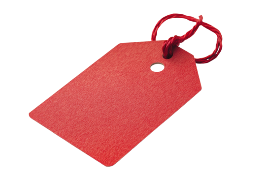 Bright red rectangular tag with string isolated on transparent background. Vibrant red tag featuring a smooth surface isolated on white background.