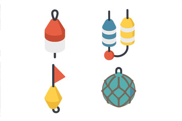 Set of Colorful Fishing Buoys Vector Illustration. Nautical Sea Markers, Lobster Trap Floats, Navigation Buoy Collection, Marine Equipment Isolated Icon Design. Ocean Safety Watercraft Accessories