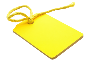Blank yellow price tag with rope isolated on transparent background. Vibrant yellow price tag with a string perfect for labeling products isolated on white background.