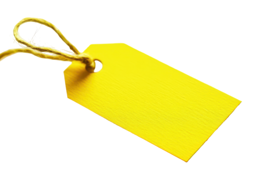Blank yellow price tag with rope isolated on transparent background. Vibrant yellow price tag with a string perfect for labeling products isolated on white background.