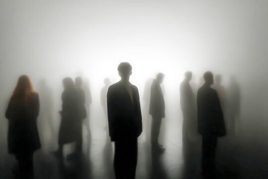 Silhouetted Figures in Dense Fog: Exploring Themes of Anonymity, Uncertainty, and the Unknown
