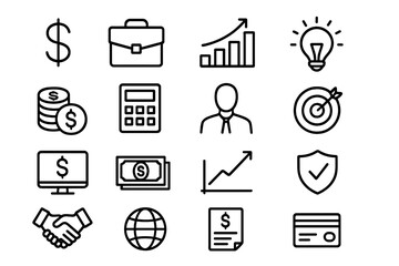 Business finance icons vector set. Editable stroke modern outline symbols. Money, growth, investment, transaction, banking, briefcase, credit card, handshake, globe, target, document, security