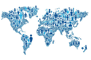 Fototapeta premium World map formed by many small blue human figures isolated on transparent background. Abstract of a digital world map with human icons and connections in blue tones on a white background.