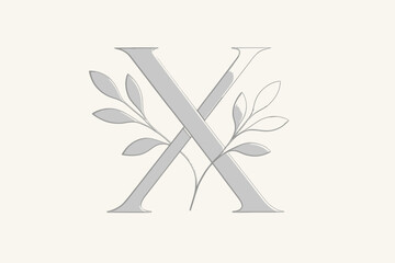 Elegant silver letter X monogram with minimalist botanical branches on a light background, perfect for luxury branding, stationery, and modern design concepts