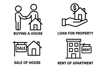 Real estate transaction concept vector. Buying house, property loan, selling home, renting apartment. Handshake, mortgage, sale and rent icons, realty deal, investment, housing market illustration.