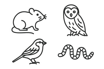 Fototapeta premium Field Wildlife Animal Outline Vector Icons Set. Barn Owl, Meadow Mouse, Field Sparrow, Earthworm. Biodiversity and Nature Conservation, Countryside Creatures, Transparent Background Illustration