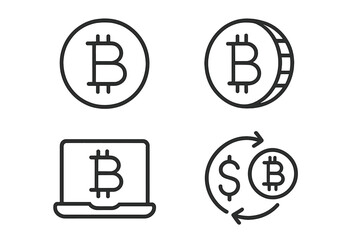 Bitcoin finance icons set line style, cryptocurrency exchange, money symbol, laptop mining, coin illustration, digital payment, transparent background vector, tech web concepts