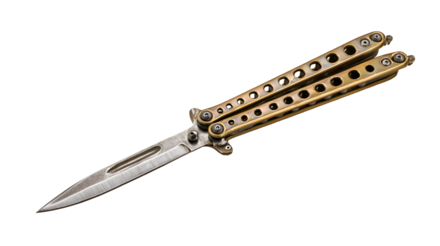 Shiny metal butterfly knife with open blade isolated on transparent background