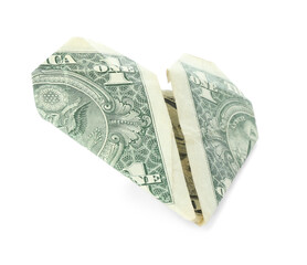 Heart made of dollar banknote isolated on white