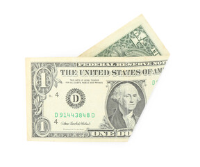 Folded dollar banknote isolated on white, top view