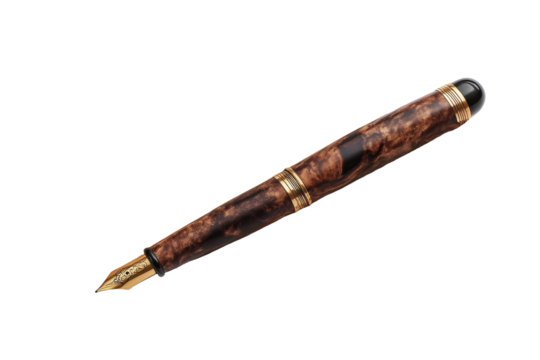 Elegant brown marbled fountain pen with gold accents isolated on transparent background.