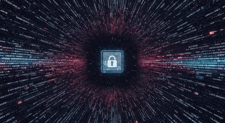 Digital padlock icon surrounded by abstract data stream in a dark background.