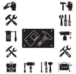 Obraz premium Black and white icons representing various tools used in construction repair and maintenance services
