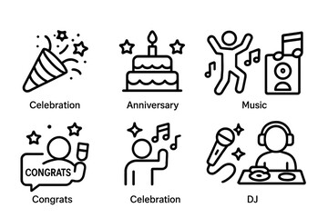 Party and Celebration Icon Set for Web and Mobile App. Vector Illustrations of Birthday Cake, Confetti, Music, Dancing, Congratulations, Karaoke, Disco DJ—Event, Anniversary, Festive Concepts