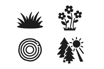 Forest icons collection solid filled vector set of forest glade grassy clearing wildflowers tree rings sunbeam shining through pine trees nature symbols transparent background