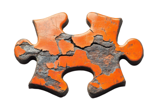Orange textured puzzle piece isolated on transparent background. Orange textured puzzle piece with a rough surface isolated on white background.