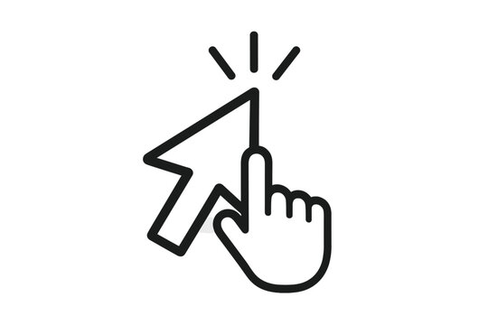 Cursor click pointer icon with hand gesture. Mouse cursor arrow and clicking finger. Web navigation symbol. Pixel pointer. User interface. Vector illustration for UX UI design. Simple outline graphic.