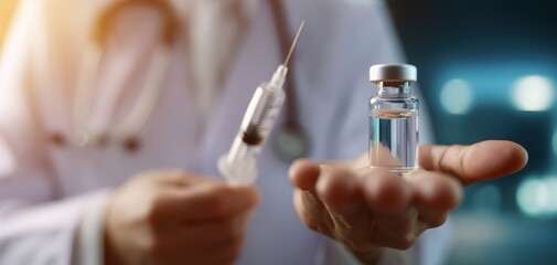 The doctor holding a syringe and a vial ready for vaccination procedure.