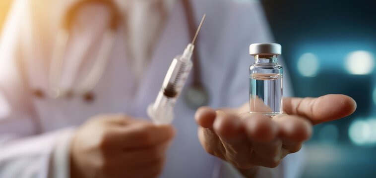 The doctor holding a syringe and a vial ready for vaccination procedure.