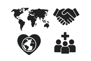 Global healthcare icon set. World health day concept. International collaboration, medical teamwork, and humanitarian aid symbols. Vector glyphs of world map, handshake, heart.