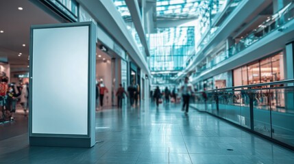 Modern Shopping Mall Interior with Blank Advertising Billboard, Providing Space for Retail Marketing Campaigns
