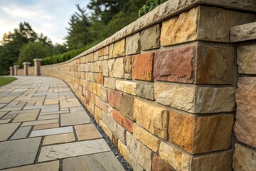 Beautiful Stone Wall Along a Winding Pathway in a Landscaped Garden