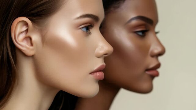 Close-up studio shot two women with contrasting complexions, emphasizing skincare, diverse beauty standards. The focus is on luminous skin, natural facial features, showcasing purity