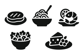 Gourmet food icon set for restaurant menus. Solid glyph vector illustrations of main course dishes. Featuring beef steak, pasta bowl, seafood shrimp, fresh salad, and cheese platter.