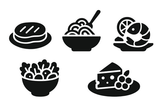 Gourmet food icon set for restaurant menus. Solid glyph vector illustrations of main course dishes. Featuring beef steak, pasta bowl, seafood shrimp, fresh salad, and cheese platter.