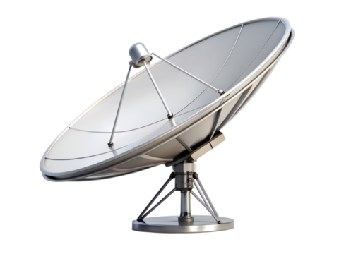 Satellite dish antenna for communication and broadcasting, isolated on transparent background