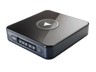 Modern black wireless audio receiver device with play button, isolated on transparent background