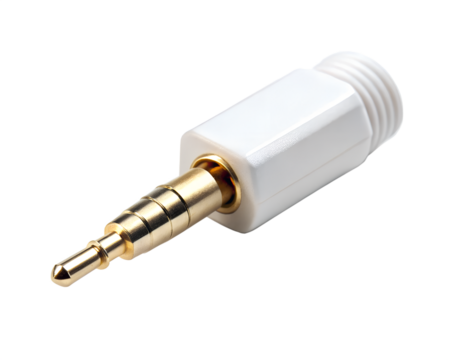 White and gold plated 35mm audio jack connector adapter, isolated on transparent background
