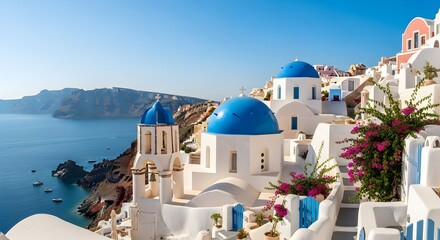 Naklejka premium Santorini's Aegean Jewel: Vibrant Bougainvillea & Blue-Domed Churches