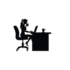 Woman silhouette working on laptop drinking coffee at desk 8