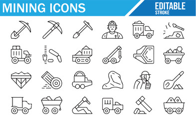 Editable vector icons for mining, excavation, and industrial tools.