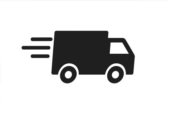 Fast delivery truck icon, vector illustration with motion lines, express shipping, transportation symbol, rapid logistics, cargo van, courier service, black silhouette on transparent background