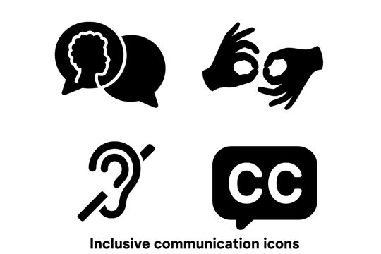 Inclusive communication icon set. Solid glyph icons for accessibility and diversity concepts. Vector symbols for disability, deaf community, hearing loss, sign language, and closed captions.