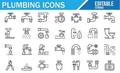 Plumbing tools and fixtures icons in a clean, editable line style.