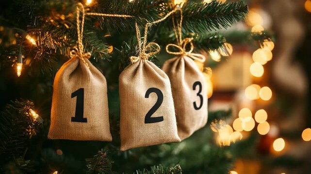 Three burlap bags with numbers 1, 2, and 3 hang from a Christmas tree. The tree is adorned with warm lights, creating a festive atmosphere.