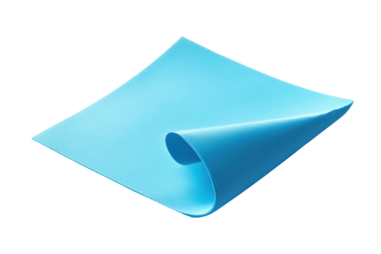 Single light blue sticky note with a curled corner isolated on transparent background. Blue sticky note with a folded corner showcasing a smooth texture color isolated on white background.