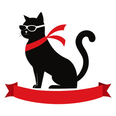 Black cat silhouette vector with red ribbon around its neck