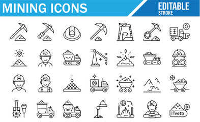 A collection of editable line icons representing mining tools, equipment, and processes. Includes icons of pickaxes, trucks, drills, and mining machinery. Ideal for industrial, construction, and minin