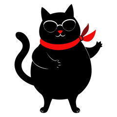 Black cat silhouette vector with red ribbon around its neck